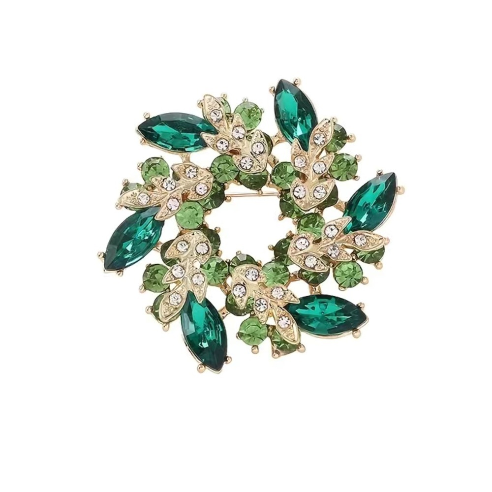 New Vintage Gold Brooch Green Crystals Yellow